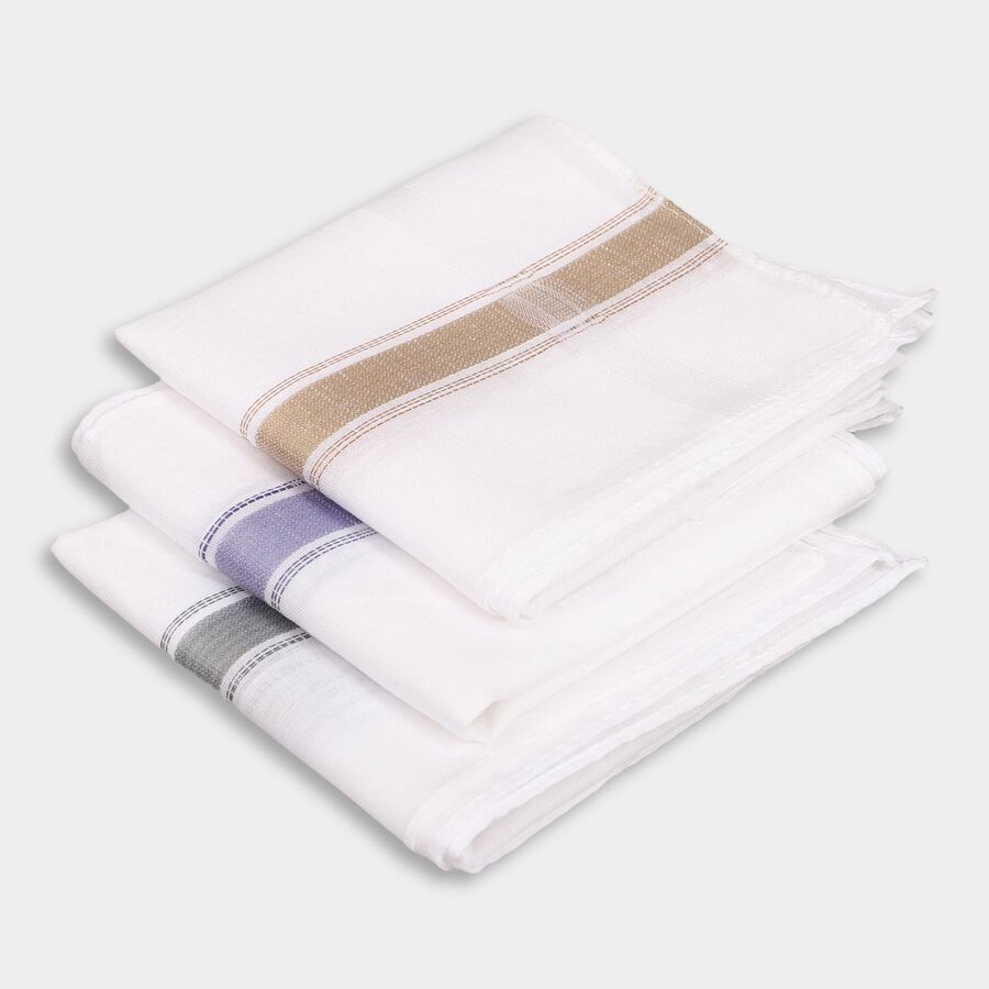 Men's White Cotton Striped Handkerchief Pack, White, large