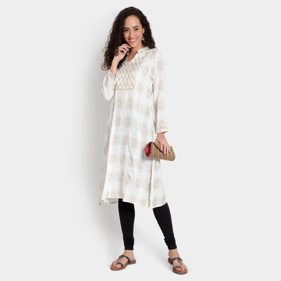3/4th Sleeves Flared Kurta, White, large image number null