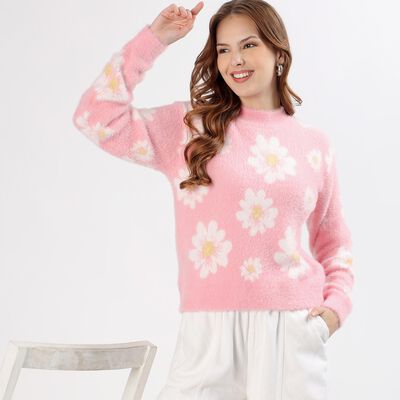 Women's Light Pink Crew Neck Floral Pullover