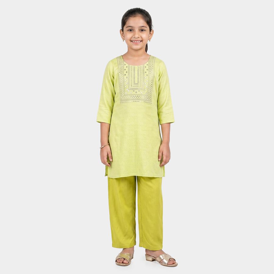 Girls Green Round Neck Fusion Set Upper and Bottom Set, हल्का हरा, large