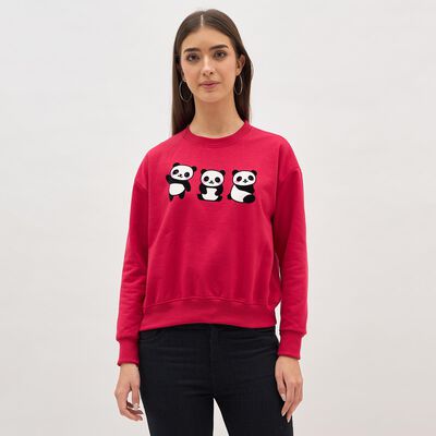 Women's Bright Red Crew Neck Casual Sweatshirt