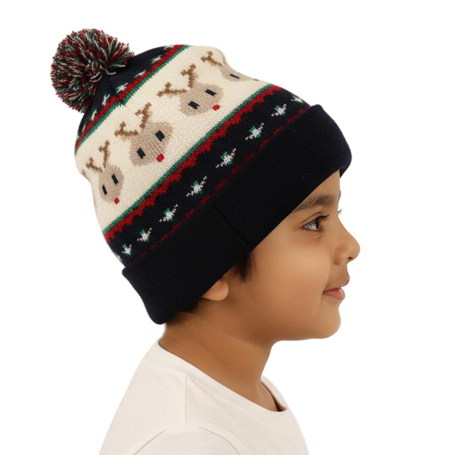 Infants Navy Blue and Cream Reindeer Print Winter Cap, नेवी ब्लू, large image number null