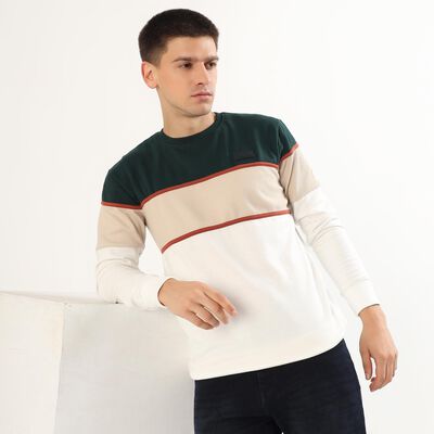 Men's Dark Green and Beige Crew Neck Casual Sweatshirt