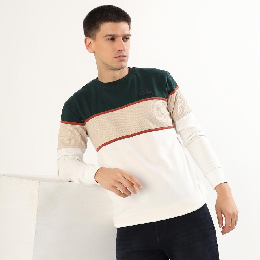 Men's Dark Green and Beige Crew Neck Casual Sweatshirt, Dark Green, large image number null