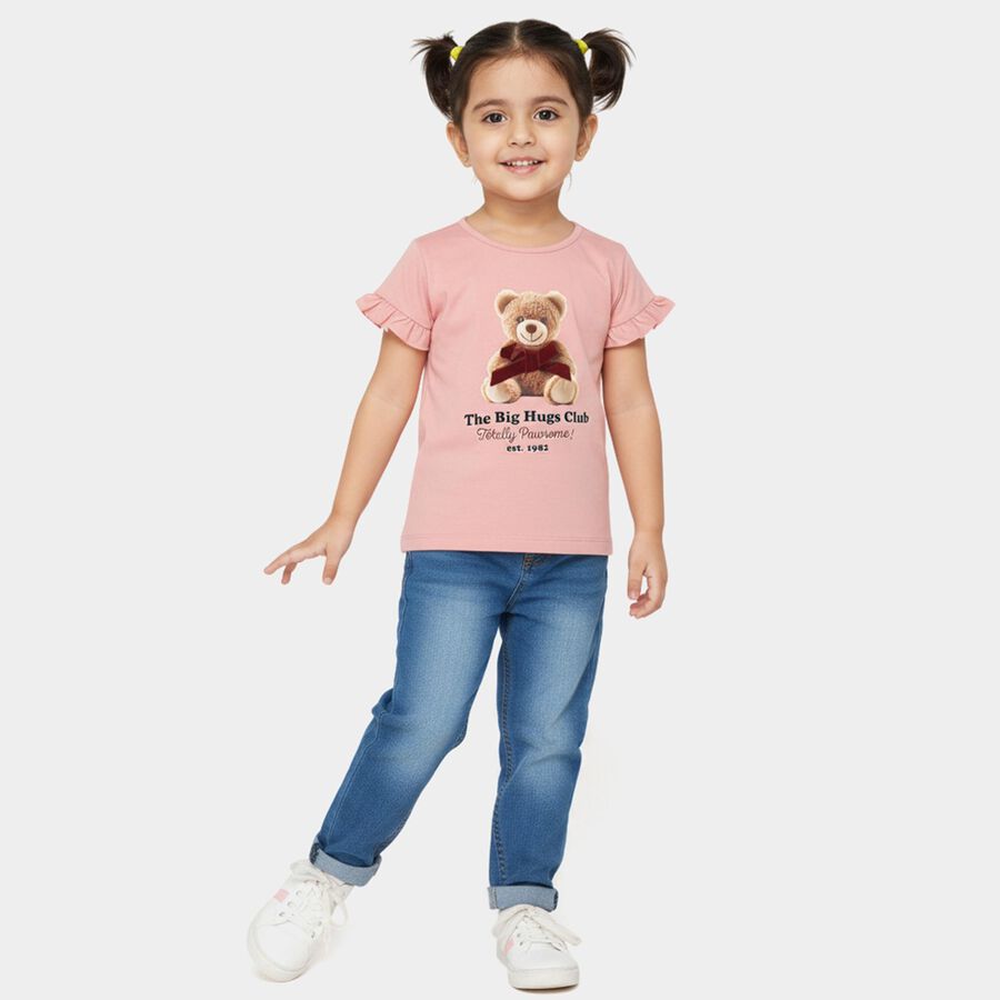 Girls' Pink Cotton Round Neck Ruffle Sleeve T-Shirt, हल्का गुलाबी, large