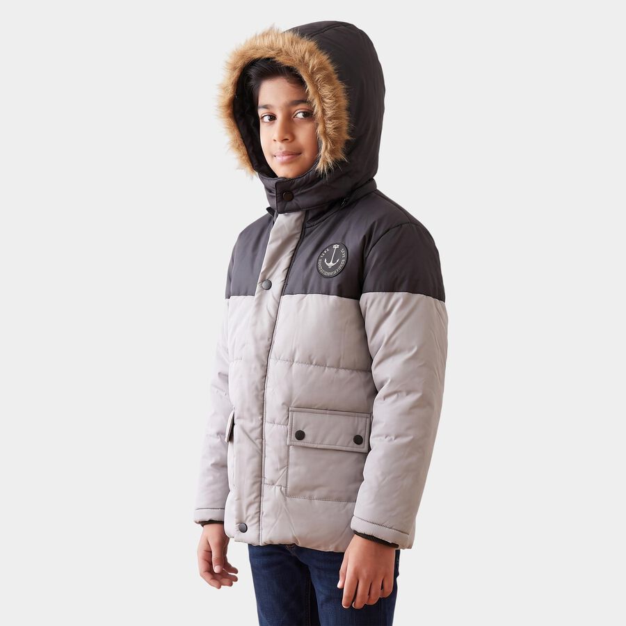 Boys Grey Hooded Puffer Jacket, हल्का ग्रे, large