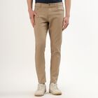 Men's Beige Slim Fit Flat-Front Casual Trousers, Khaki, small