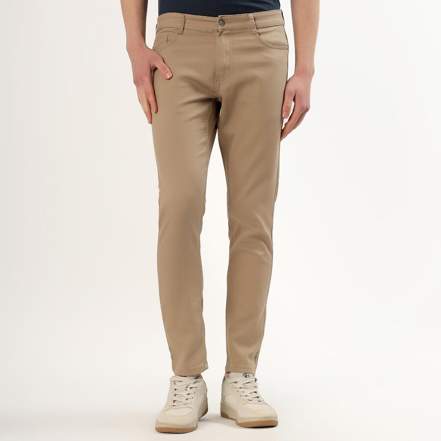 Men's Beige Slim Fit Flat-Front Casual Trousers, Khaki, large