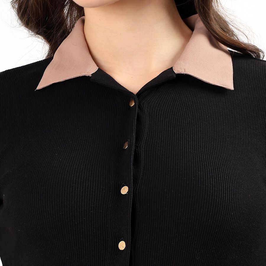 Women's Black and Beige Collared Button-Down Maxi Dress, Black, large