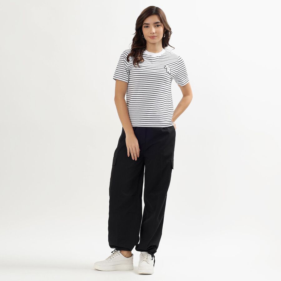 Ladies' Eggshell White Cotton Round Neck Striped T-Shirt, सफ़ेद, large image number null