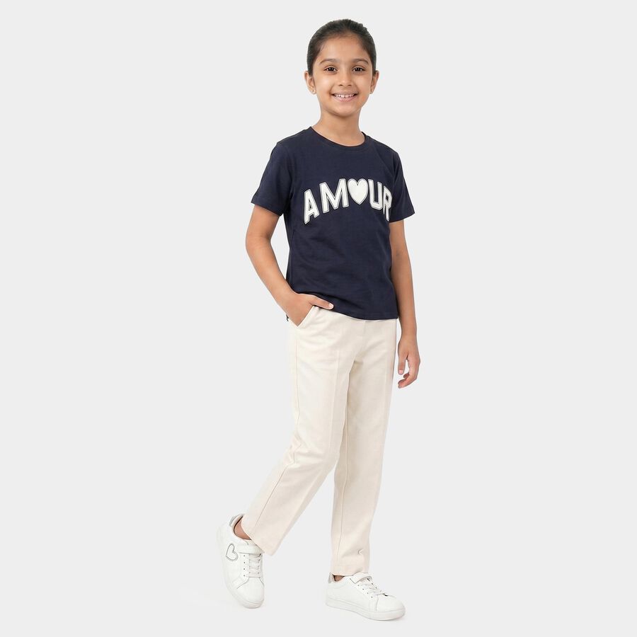 Girls Navy Blue Round Neck Regular T-Shirt, नेवी ब्लू, large