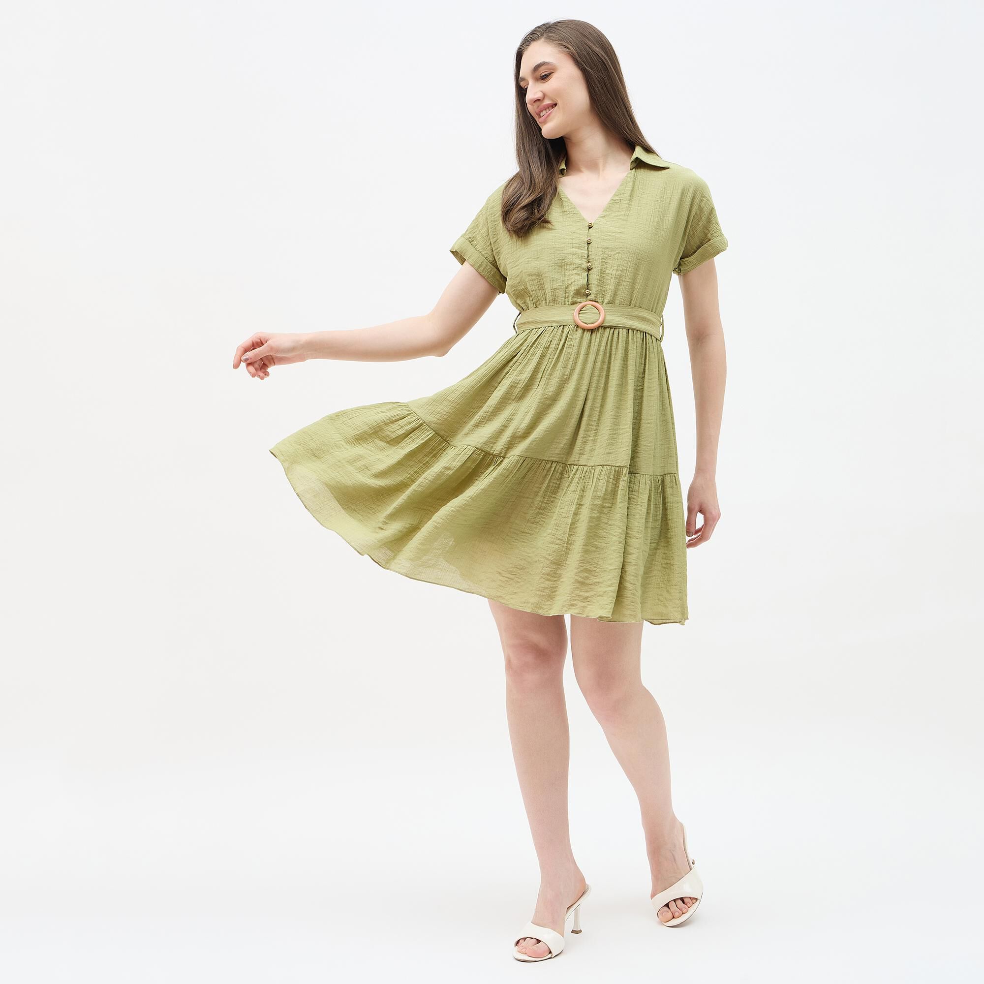 Lucky Charm Women's Light Green Round Neck Classic Midi Dress