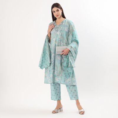 Women's Light Blue Cotton Round Neck Solid Kurta