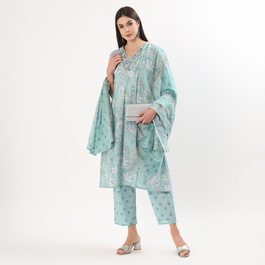 Women's Light Blue Cotton Round Neck Solid Kurta, हल्का नीला, large