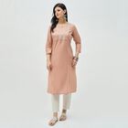 Women's Peach Pink Cotton Notch Neck Embroidered Kurta, Pink, small