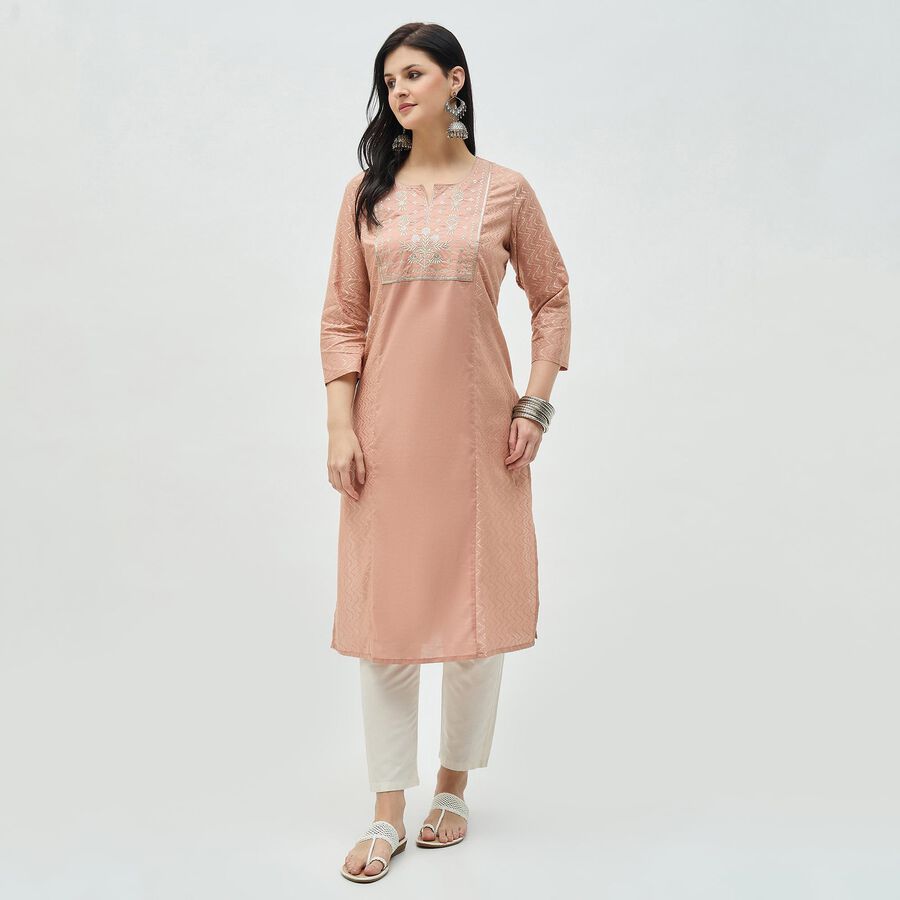 Women's Peach Pink Cotton Notch Neck Embroidered Kurta, Pink, large