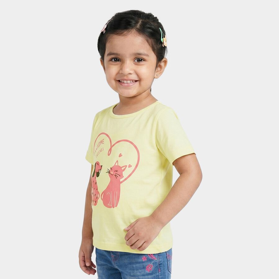 Girls Yellow Cotton Blend Round Neck Regular T-Shirt, Yellow, large