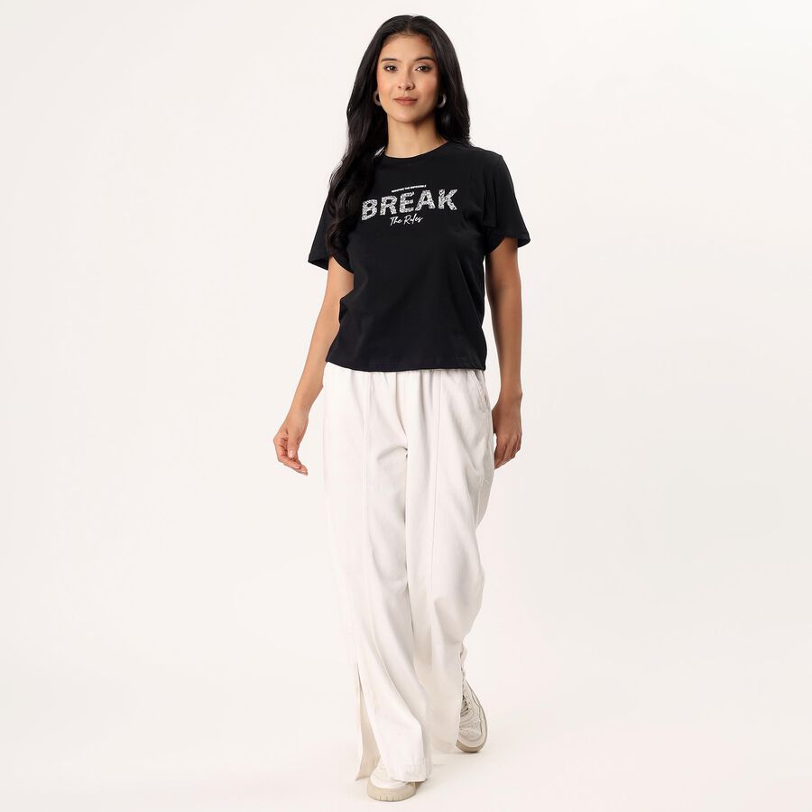 Women's Black Cotton Round Neck Minimalist T-Shirt, Black, large