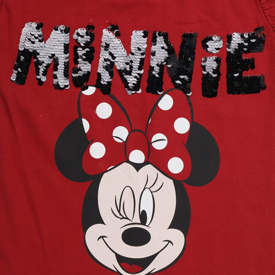 Girls' Red Cotton Round Neck Ruffle Sleeve Graphic T-Shirt, लाल, large