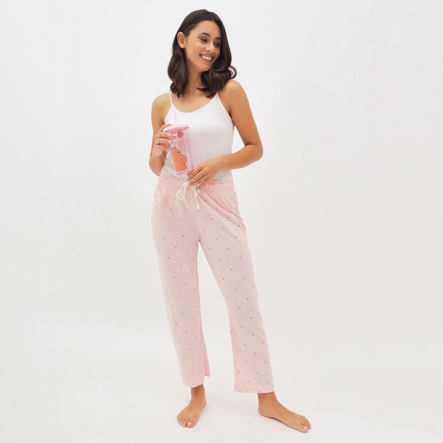 Women's Soft Pink Heart Print Elastic Waist Pyjama, Light Pink, large image number null