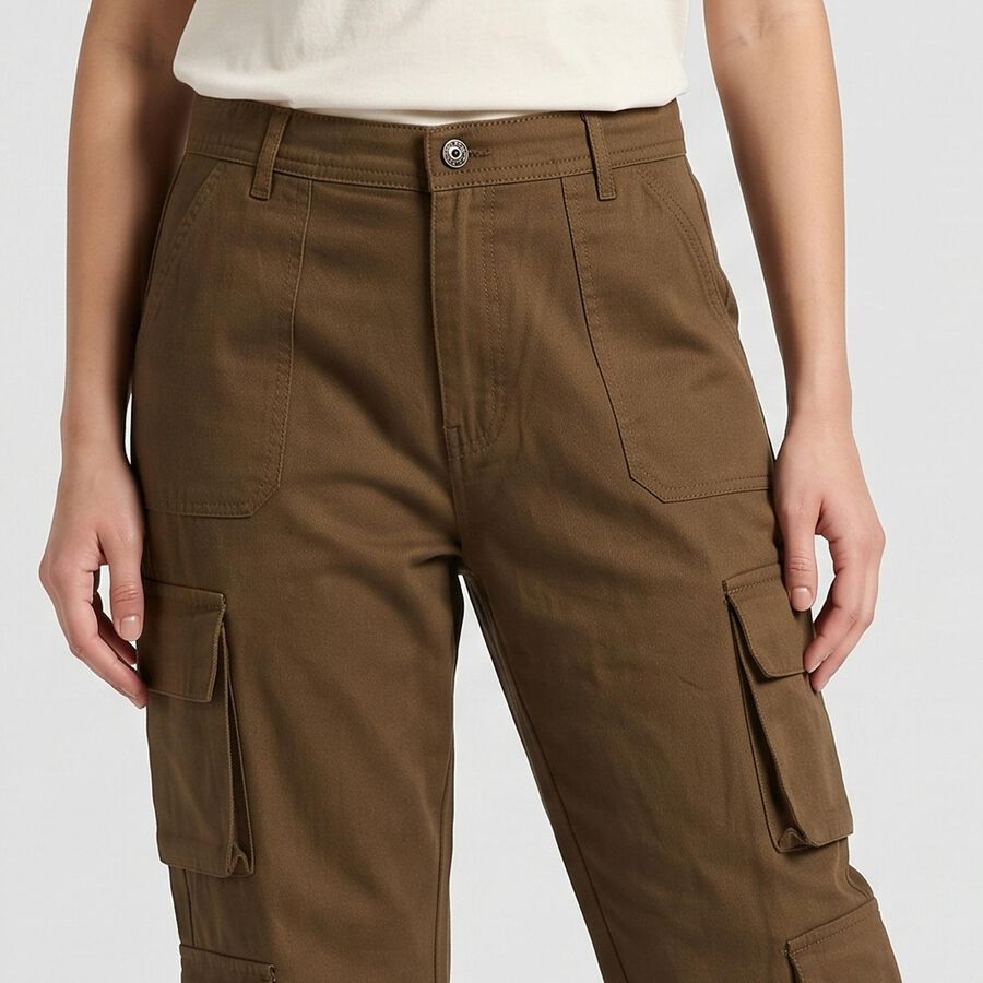 Women's Olive Green Straight Fit Cargo Trousers, Olive, large