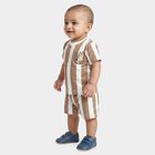 Infants' Beige 100% Cotton Round Neck Striped Baba Suit, Beige, small