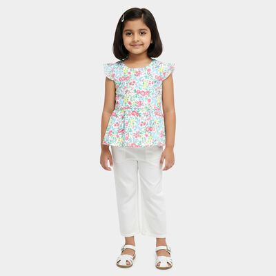 Girls' White Round Neck Floral Printed Top and Capri Set