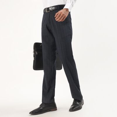 Men's Navy Blue Slim Fit Checkered Formal Trousers