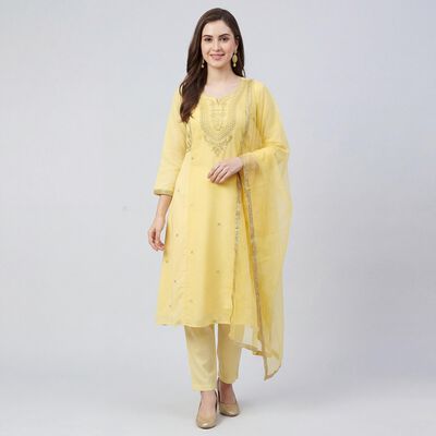 Women's Yellow Notch Neck Printed Straight Kurta