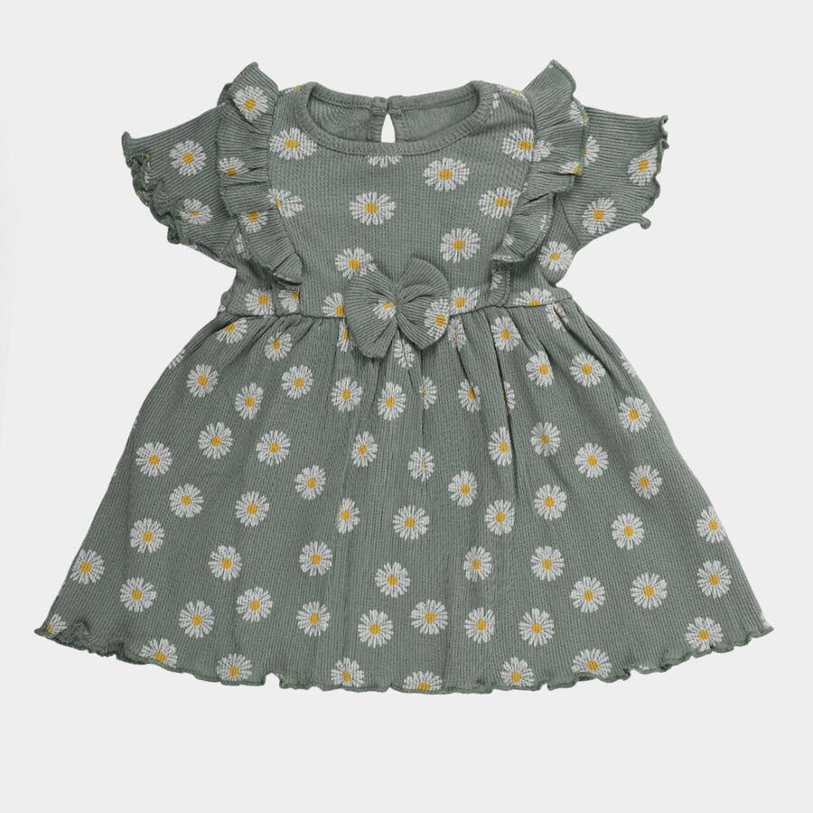 Infant Girls' Green Flared Daisy Print Ruffle Sleeve Frock, Light Green, large