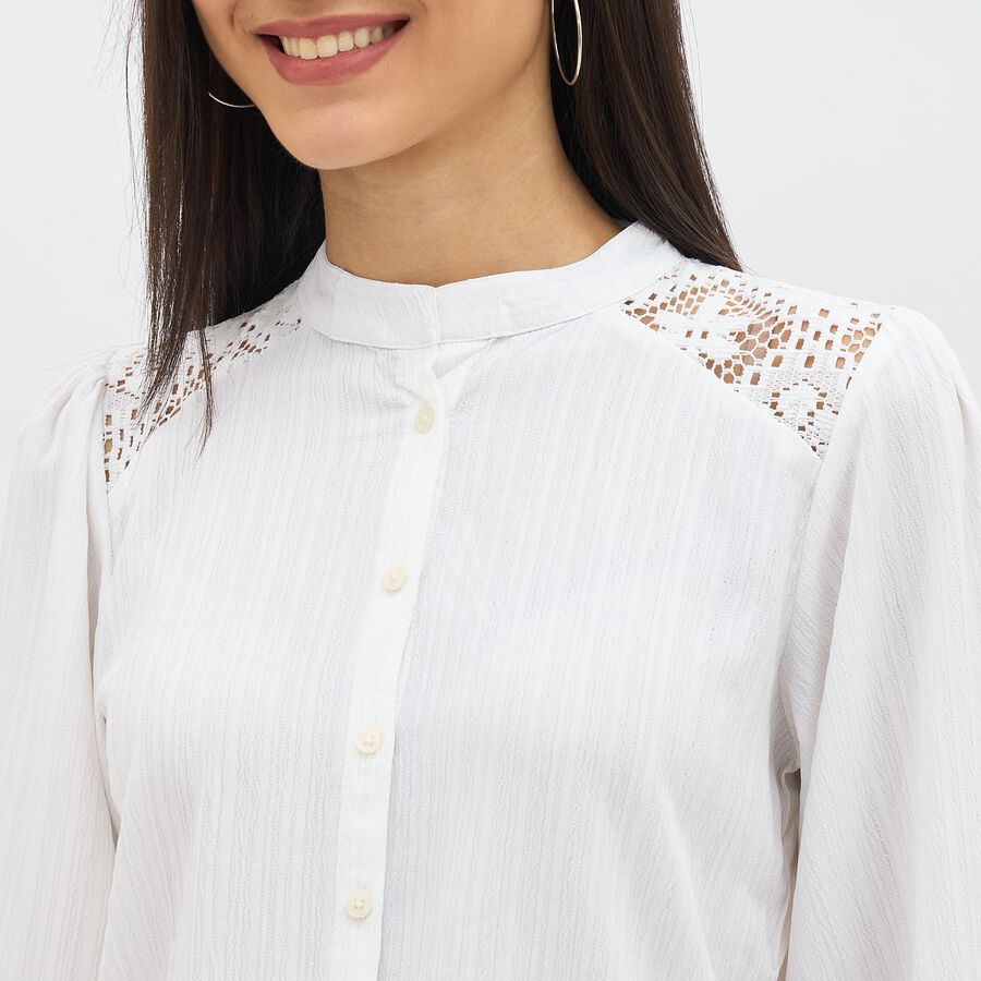 Women's Eggshell White Mandarin Collar Classic Shirt, ऑफ व्हाइट, large image number null