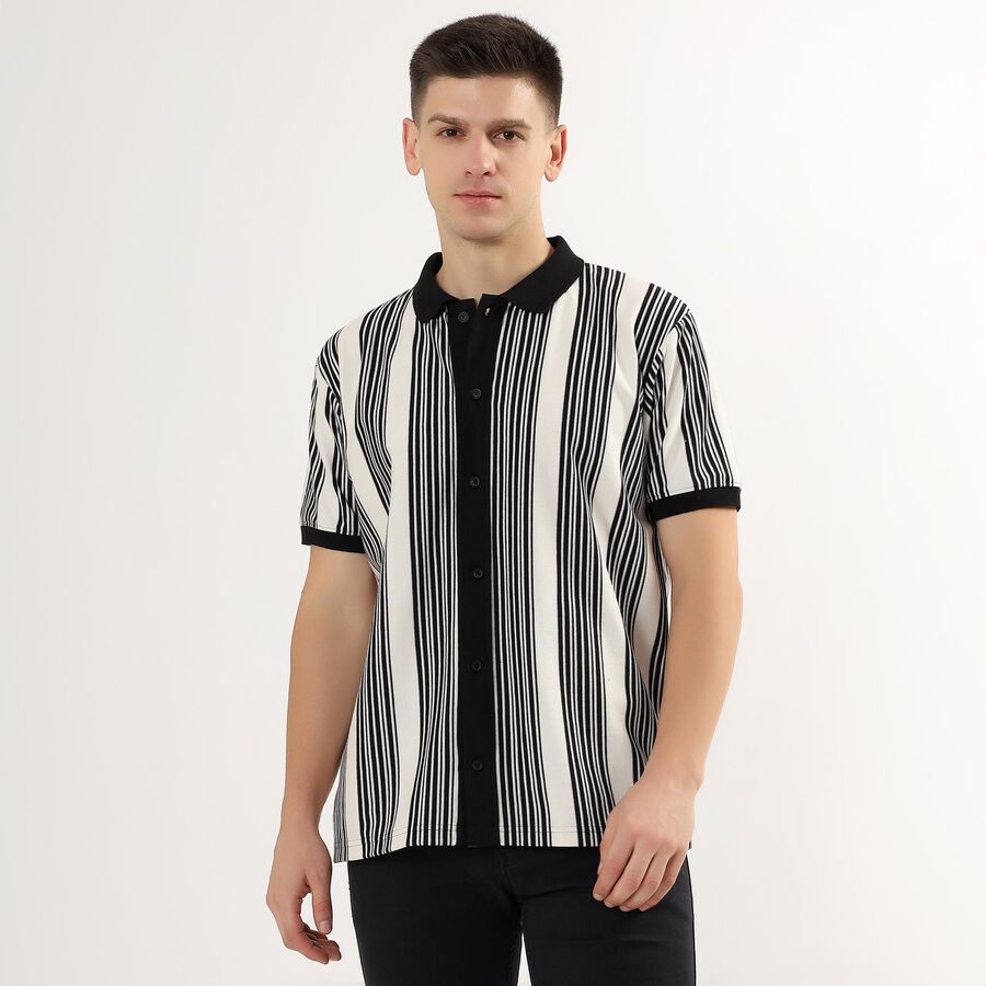 Men's Black and White Regular Collar Casual Shirt, Black, large