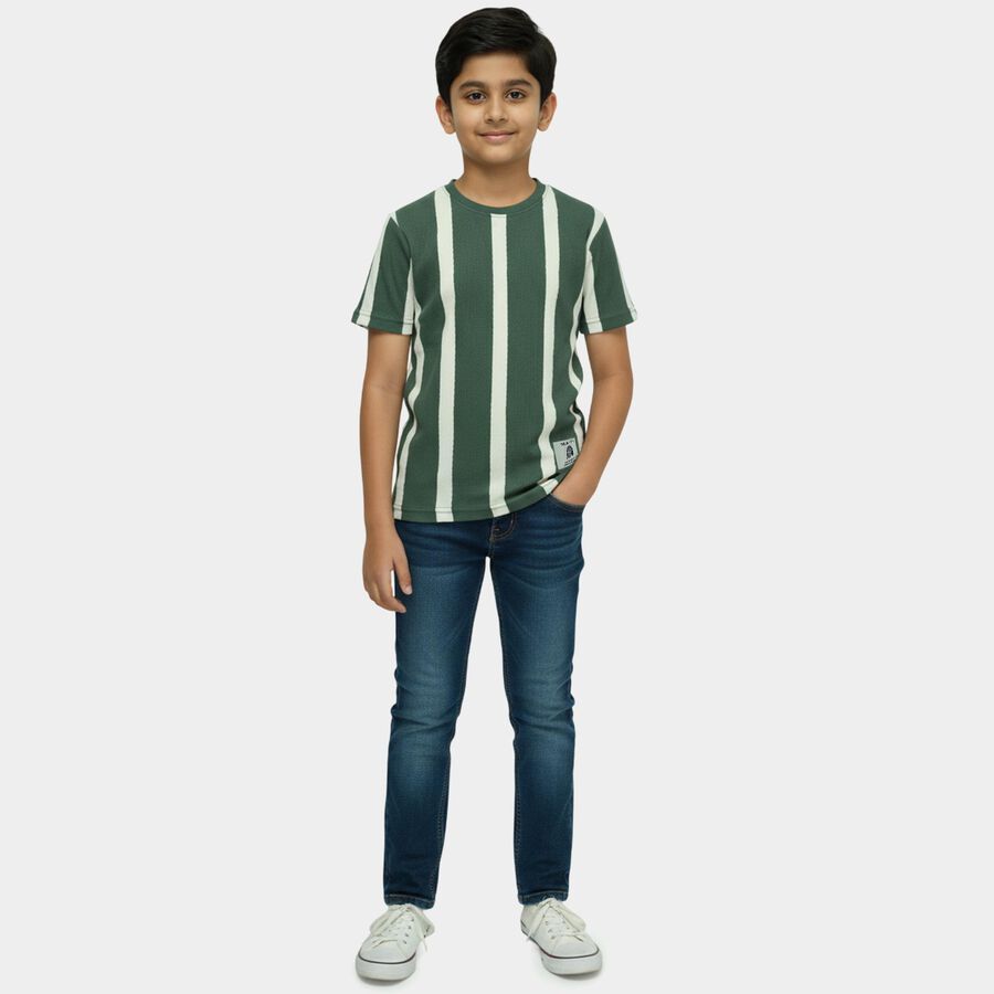 Boys Green Crew Neck Casual Half Sleeves T-Shirt, Dark Green, large