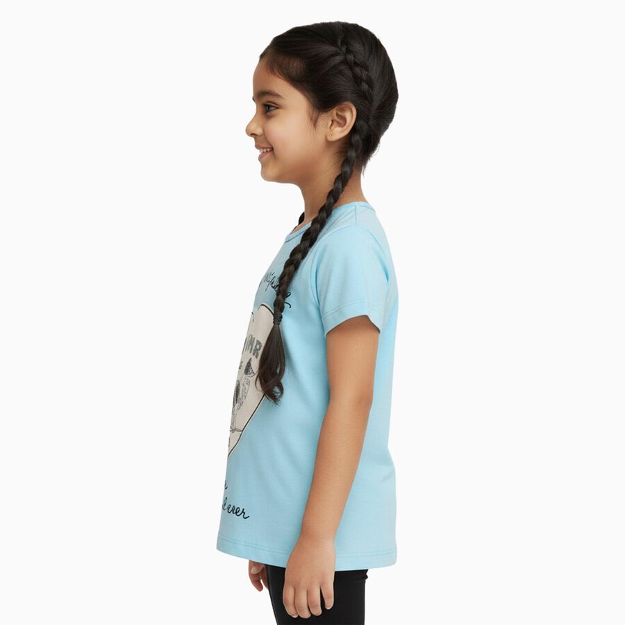 Girls Light Blue Cotton Round Neck Casual T-Shirt, हल्का नीला, large