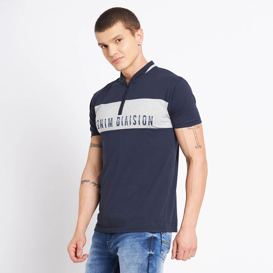 Cut & Sew Henley T-Shirt, Navy Blue, large image number null
