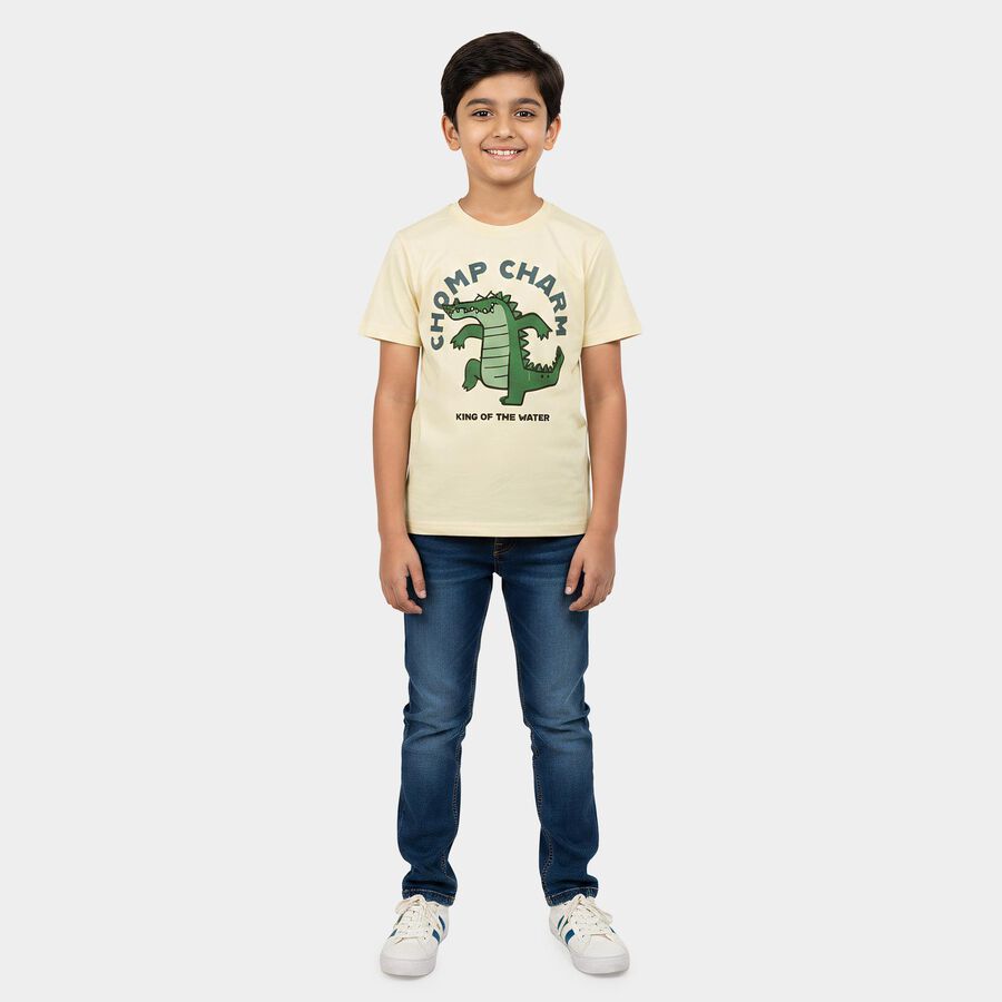 Boys White Cotton Round Neck Regular Boys T-Shirt, White, large