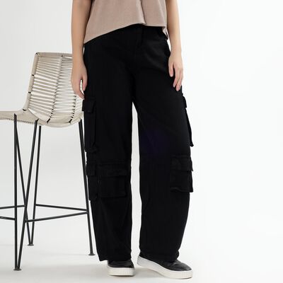 Women's Jet Black Wide Leg Cargo Jeans