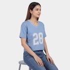 Women's Blue Cotton Round Neck Graphic T-Shirt, हल्का नीला, small