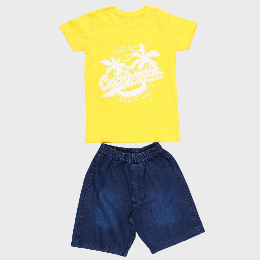 Boys Yellow 100% Cotton Round Neck Graphic Printed Baba Suit, Yellow, large