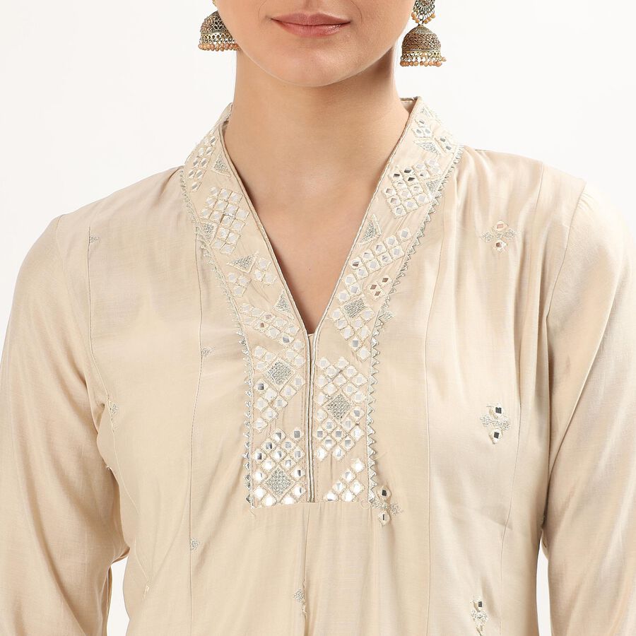 Women's Beige V-Neck Embroidered Kurta, Beige, large image number null