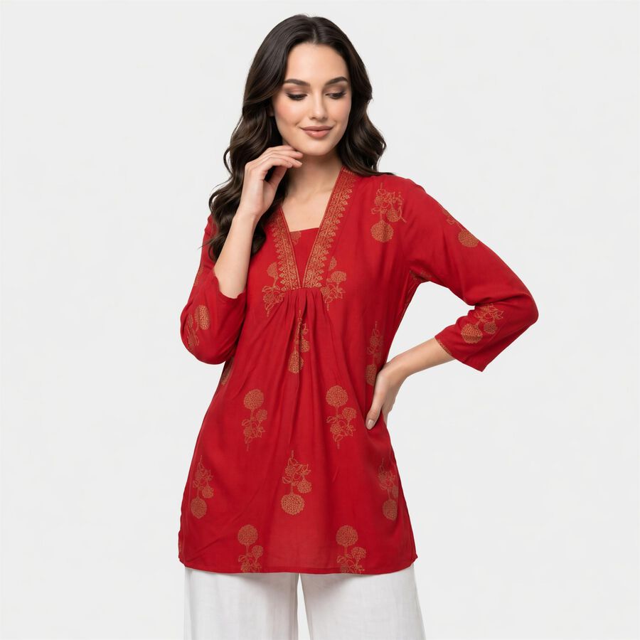 Women's Maroon V-Neck Printed Kurti, मरून, large