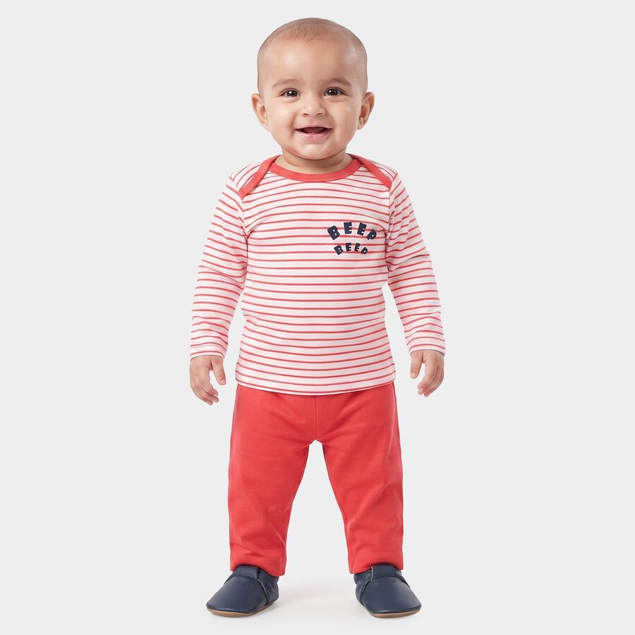 Infants' Coral 100% Cotton Round Neck Striped Baba Suit, Coral, large