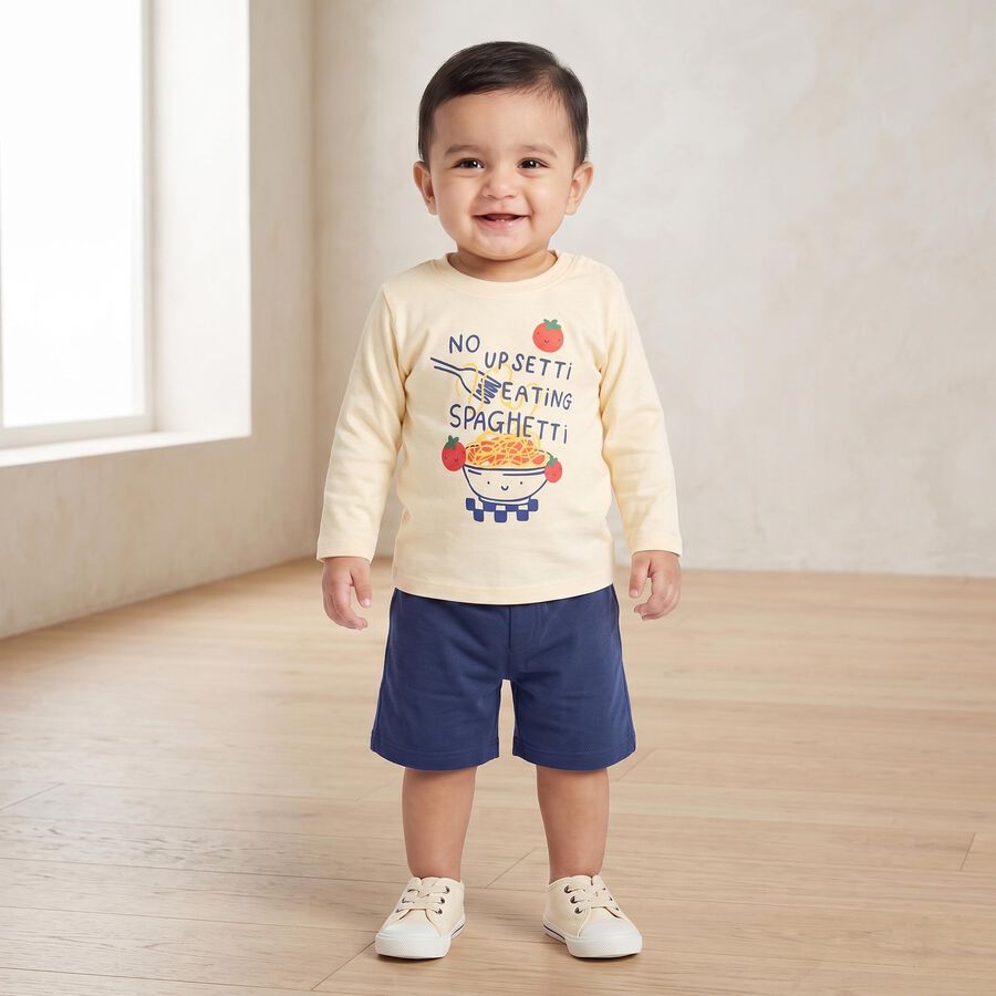 Infants Beige Cotton Round Neck Regular T-Shirt, Beige, large