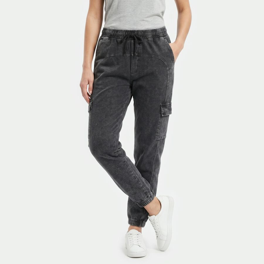 Women's Black Jogger Fit Cargo Track Pants, काला, large