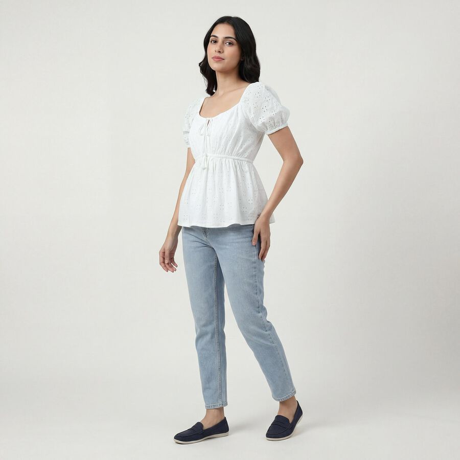 Women's Off-White Round Neck Minimalist Top, ऑफ व्हाइट, large