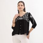Women's Jet Black V-Neck Embroidered Kurti, काला, small