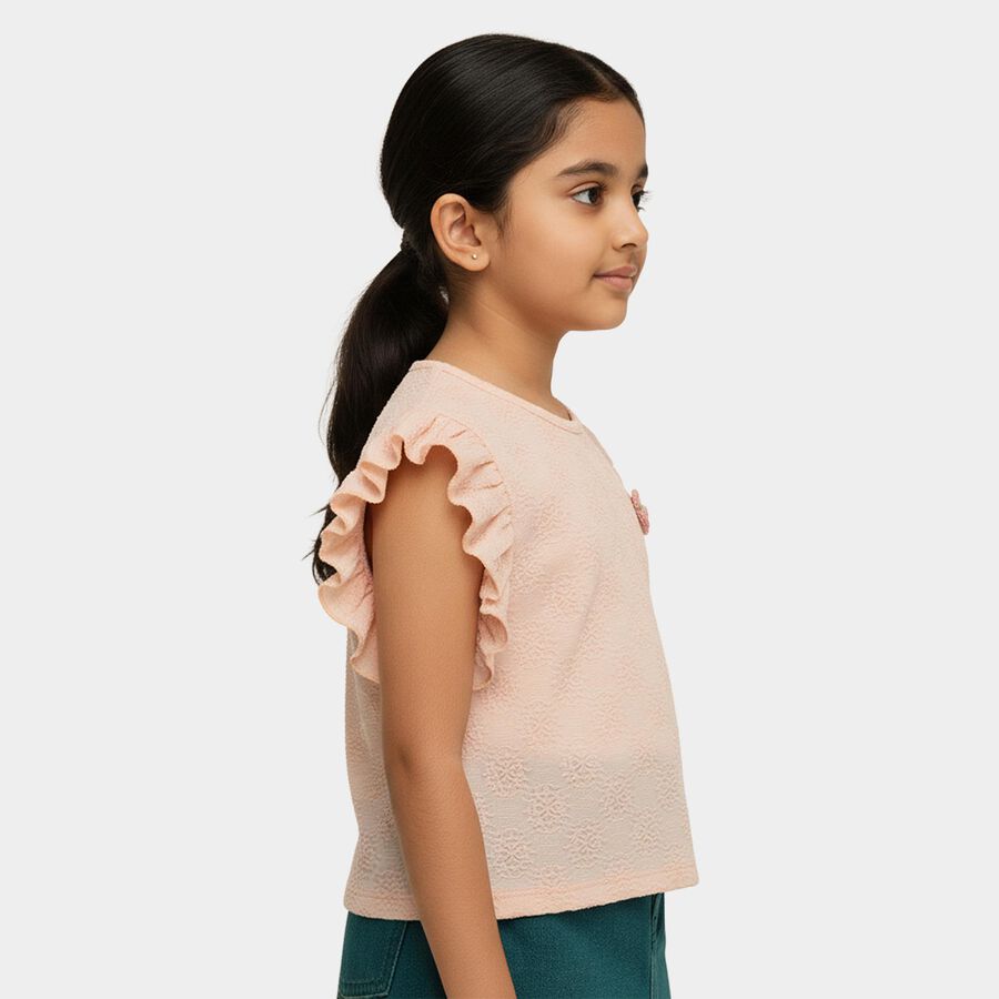 Girls' Pink Crew Neck Ribbed T-Shirt, Light Pink, large