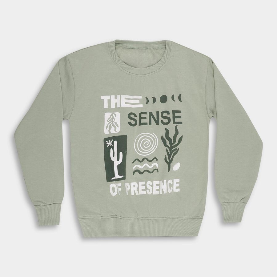 Boys Light Sage Green Crew Neck Graphic Print Sweatshirt, हल्का हरा, large image number null