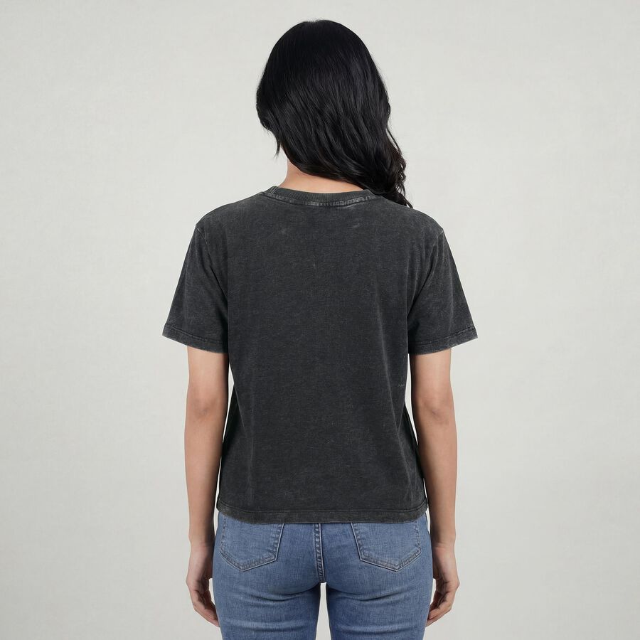 Women Black Round Neck Graphic T-Shirt, काला, large