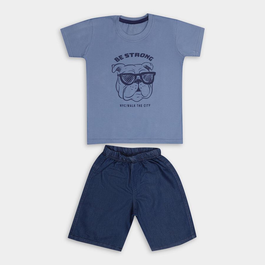 Boys' Light Blue Cotton Round Neck Printed Baba Suit, हल्का ग्रे, large image number null